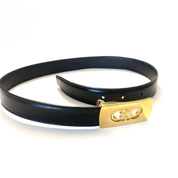FERRAGAMO Black Leather Belt with Gold Brass Buckle main image 5
